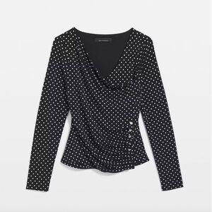 WHBM Polka Dot Top Women Small Asymmetric Neck Ruched Side Long Sleeve Sz S